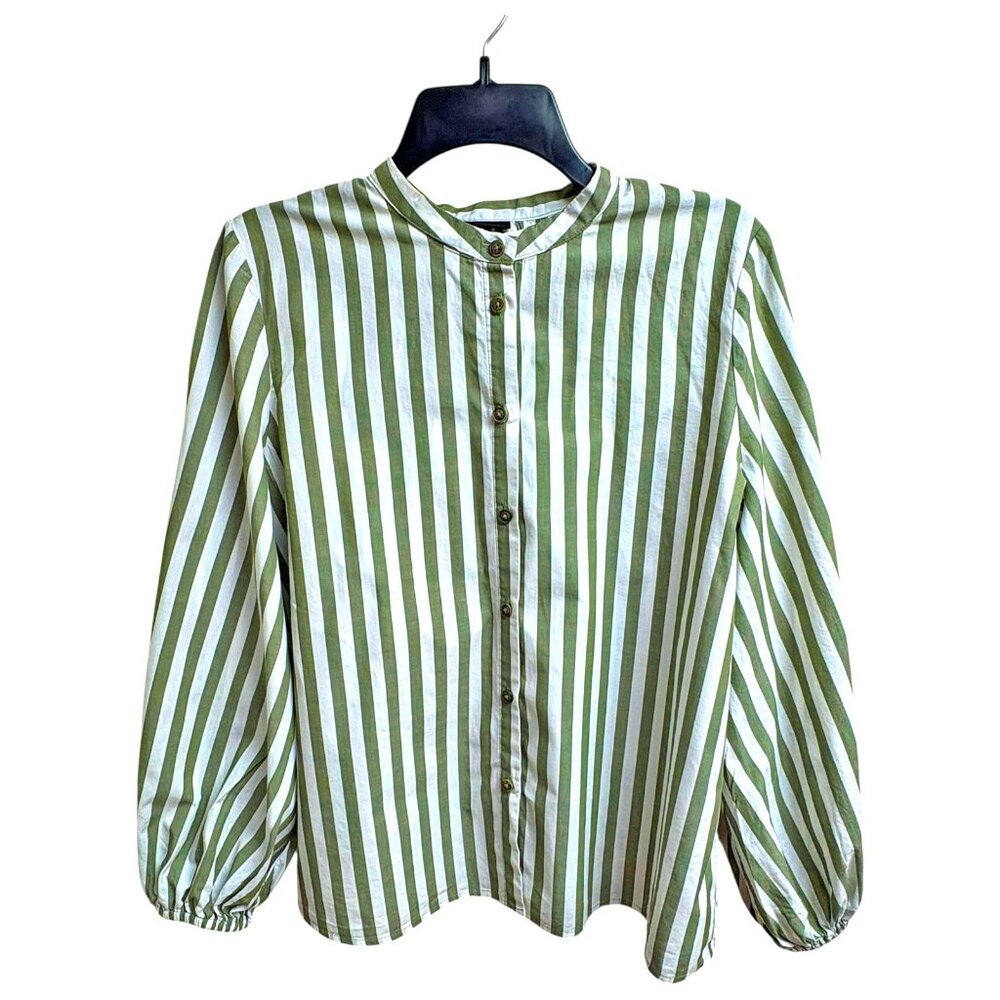 Who What Wear‎ M310 White Moss Striped Balloon Sleeve Button Up Top